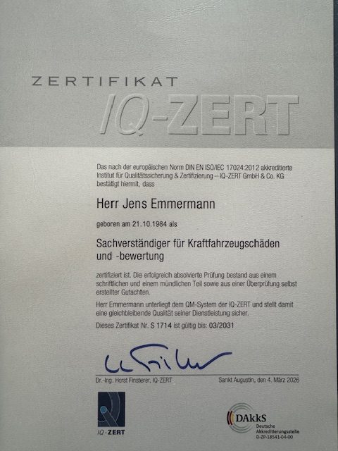 Zertifizierter Sachverständiger für Kraftfahrzeugschäden und -bewertung nach DIN EN ISO IEC 17024